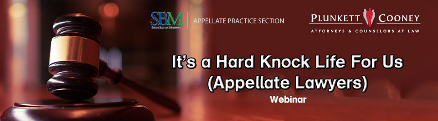 Gavel on table with SBM and Plunkett Cooney logos