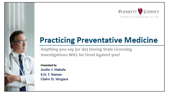 Practicing Preventative Medicine Title Slide Doctor looking out window with arms crossed with webinar title