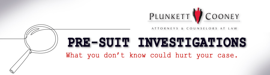 Pre-suit Investigations Webinar drawn magnifying glass with pre-suit investigations headling
