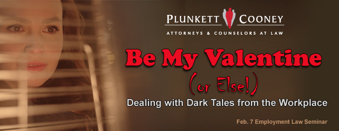Be My Valentine Seminar Promo Banner Woman looking through office blinds with concern
