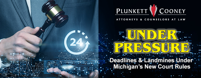 Under Pressure webinar Man about to strike gavel with buildings with night sky and technology laid on top